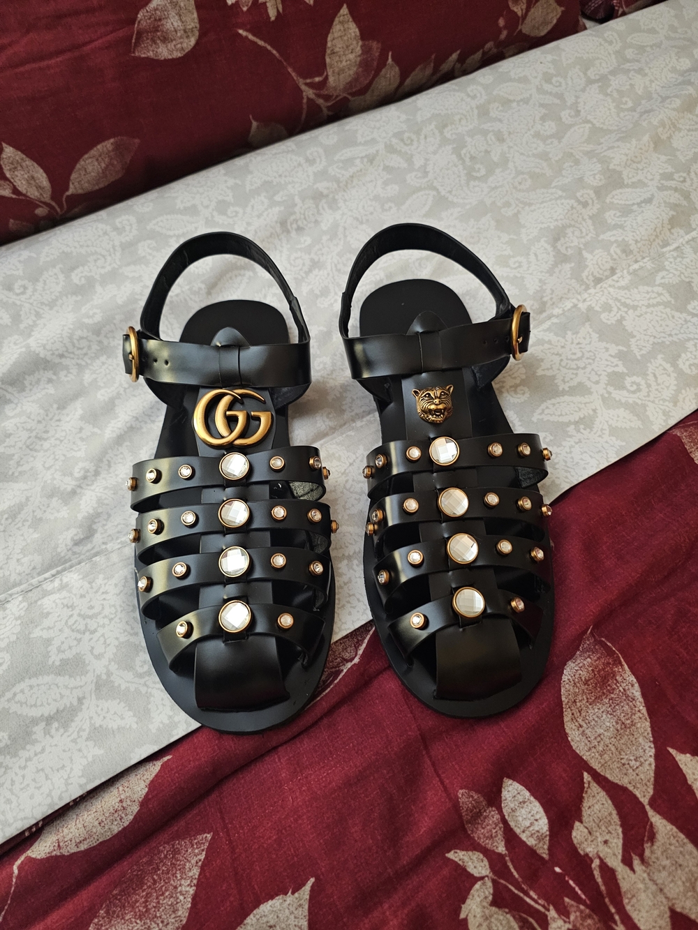 Gucci Black Leather Studded Gladiator Sandals with Gold Accents